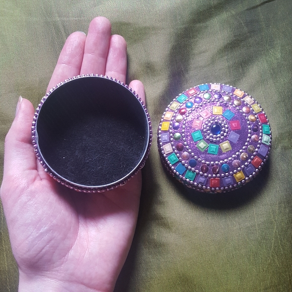 Vintage Trinket jewellery ring Box Bedazzled boho chic Kitsch Mardi Gras style - Picture 2 of 10